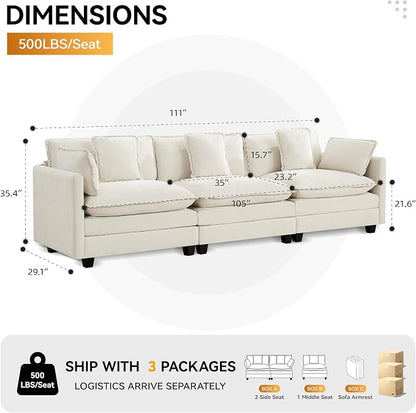 111'' Sectional Cloud Deep Seat Couch, Modern Comfy Chenille Modular Sectional Sofa for Living Room Set, Upholstered Modular 3-Seats Sofa Couch, Beige