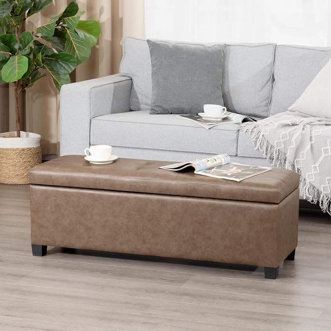 Asense Storage Ottoman Bench,42 inch Wide Upholstered Faux Leather Rectangular Ottoman with Legs,Safety Hinge Storage Bench for Living Room,Bedroom,Entryway