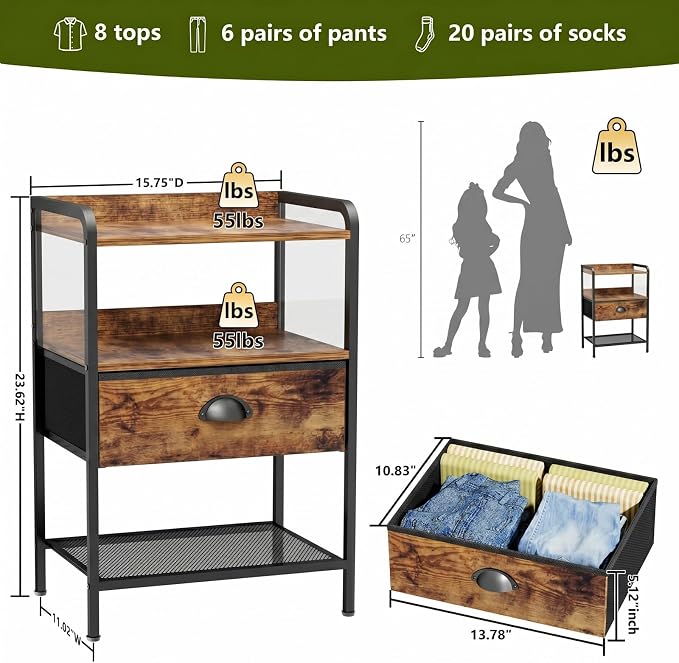 Nightstand with 1 Fabric Drawer, Side Table with Open Mesh Shelf, Bedroom Bedside Table with Storage, Fabric Drawer Dresser, Wood Top, Couch Side, Rustic Brown