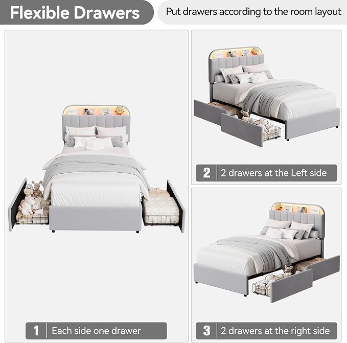 GarveeHome Twin XL Bed Frame with Storage Headboard, Kids Bed Frame with 2 Drawers, Velvet Upholstered Platform Bed Frame with Lights, No Box Spring Needed, Easy Assembly, Velvet Grey
