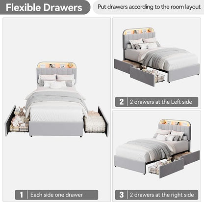 GarveeHome Twin XL Bed Frame with Storage Headboard, Kids Bed Frame with 2 Drawers, Velvet Upholstered Platform Bed Frame with Lights, No Box Spring Needed, Easy Assembly, Velvet Grey
