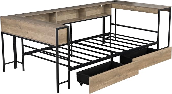 Bellemave Full Corner bedframe with Desk and Storage, Full Captains Bed with Charging Station and LED Light, Wood Daybeds with L-Shaped Bookcase and 2 Drawers, Grey