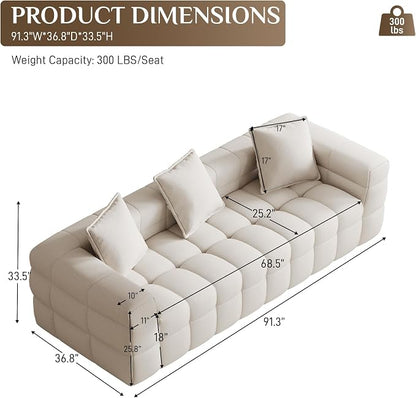 91.3" Boneless Couch,Comfy Cloud Sectional Sofa with Deep Seat,Modern Upholstered Chenille Love Seat Sofa, Oversized Couches for Living Room, No Assembly Required Tufted Sofas, Beige White