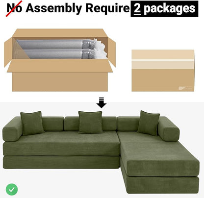 ivoros 108" Oversized Convertible Sleeper Sofa Bed, Corduroy L Shape Sectional Couch, Folding Sofa Bed with Fixed-Shape Frame, Modern Cloud Floor Mattress Couch, Modular Sofa for Living Room, Green