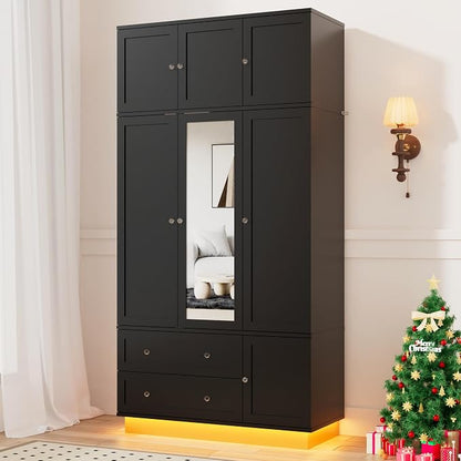 92.2" Tall Armoire Wardrobe Closet with Mirror & Motion Sensor Light, Large Storage Cabinet with 2 Drawers, Hanging Rod & Adjustable LED Strip, Anti-Tipping Wood Bedroom Furniture, 47.4"L, Black