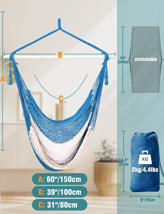 Chihee Handwoven Cotton Hammock Chair Large Hanging Rope Chair 7.9ft with Detachable Strong Metal Spreader Bar, Breathable Net Swing Seat Color Blocking, Portable with Carry Bag, Indoor Outdoor Use