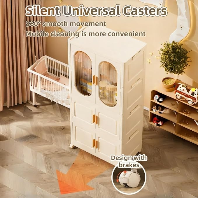 Foldable Storage Cabinet with 2 Storage Bins, 3-Tier Portable Closet Organizer with Doors, Modular Folding Armoire with Wheels for Nursery Room Organization, Clear