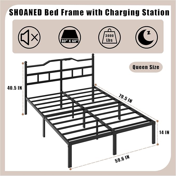 SHOANED Bed Frame with Charging Station - 14 Inch Queen Size Heavy Duty Metal Bedframe with Headboard Black Basic Steel Slats Platform No Box Spring Needed