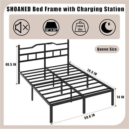 SHOANED Bed Frame with Charging Station - 14 Inch Queen Size Heavy Duty Metal Bedframe with Headboard Black Basic Steel Slats Platform No Box Spring Needed