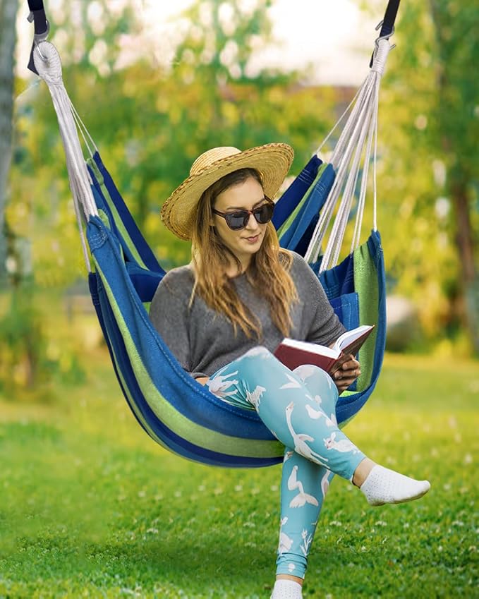 Halalona Hammock Chair Hanging Hammock Chair Rope Swing 2 Cushions Included-Sturdy & Durable Soft Cotton Hand Woven Hammock Swing for Bedroom, Porch, Patio-Indoor/Outdoor