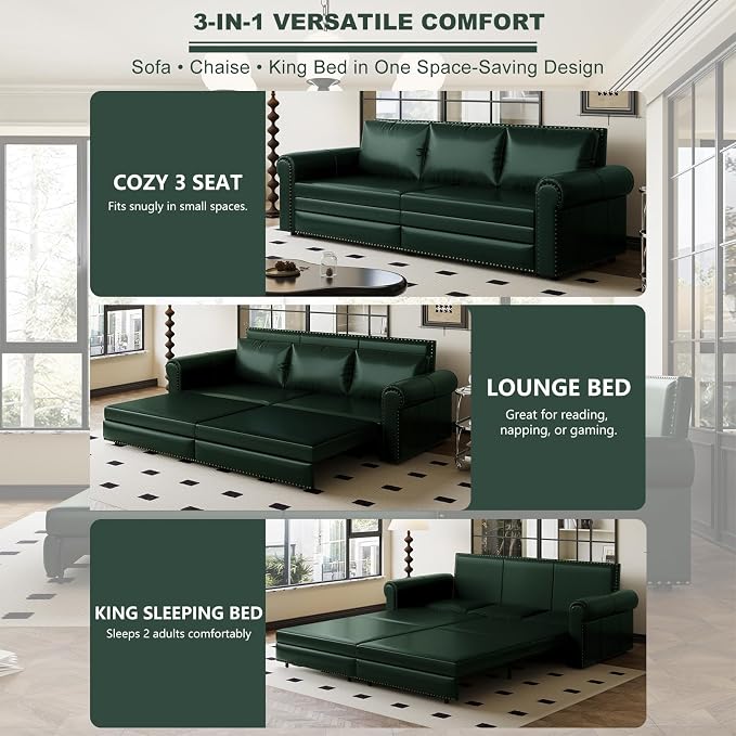 93.7" King Size Sleeper Sofa Bed, Pull Out Sofa Bed, Faux Leather Upholstery, 3 in 1 Convertible Sleeper Couch, Chaise Lounge, Retro Recliner for Living Room, Office, Apartment, Green