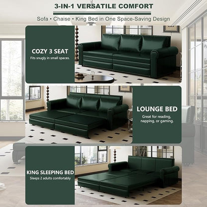 93.7" King Size Sleeper Sofa Bed, Pull Out Sofa Bed, Faux Leather Upholstery, 3 in 1 Convertible Sleeper Couch, Chaise Lounge, Retro Recliner for Living Room, Office, Apartment, Green
