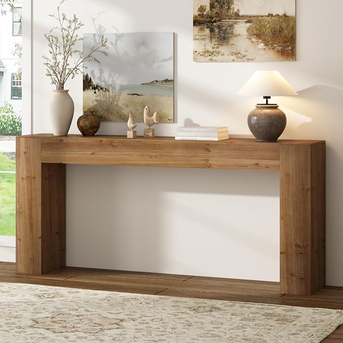 70" Solid Wood Console Table for Entryway, Extra Long Sofa Table | Farmhouse Style, Rectangular, Natural Character Marks, Hand-Made Brushed Finish, for All Room, 10 Mins Easy Assembly