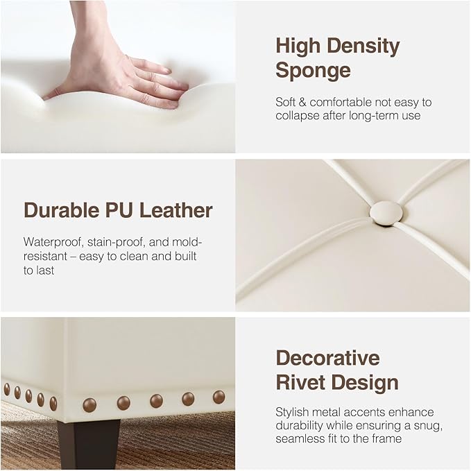FiveWillowise Square Leather Ottoman with Storage, Faux Leather Coffee Table with Lift Top,Large Upholstered Footrest Stool Toy Box Storage Bench for Bedroom Living Room, Ivory White