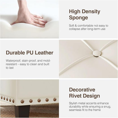 FiveWillowise Square Leather Ottoman with Storage, Faux Leather Coffee Table with Lift Top,Large Upholstered Footrest Stool Toy Box Storage Bench for Bedroom Living Room, Ivory White