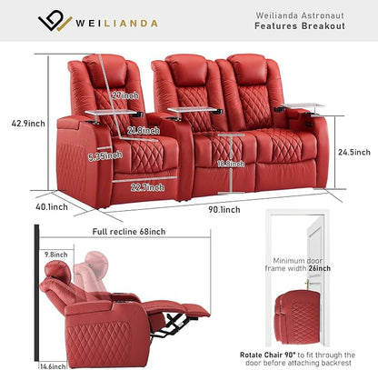 Weilianda Home Theater Seating Top Grain Leather Zero Gravity Recliner Chair Power Headrest Recline Movie Seat Gaming 7 Colors Mood Light Sofa with Tray Table USB Charge Row of 3 Loveseat Right Red