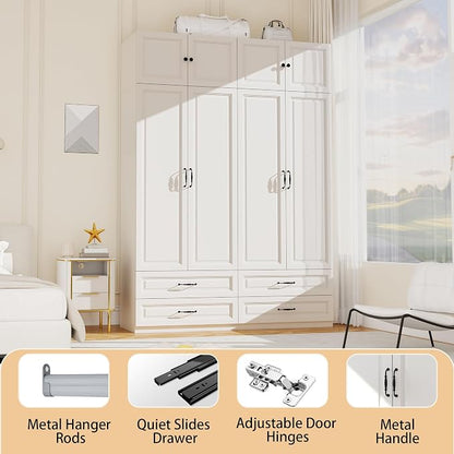Armoire Wardrobe Closet with Drawers: Bedroom Armoires with Hanging Rod, Wooden Closet Cabinet for Hanging Clothes, Tall Wardrobes Closets with Doors and Shelves (White, 63")