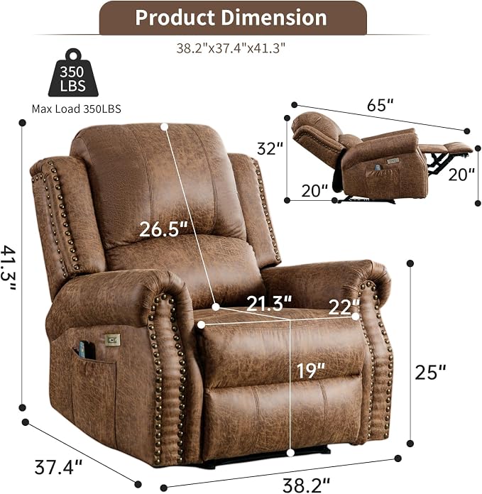 HAOMARKETS Classic Power Recliner Chair Set of 2 with Massage and Heat, Breathable Faux Leather Electric Recliner with USB Port, Overstuffed Reclining Sofa with Rivets for Living Room, Brown
