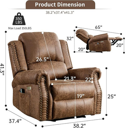 HAOMARKETS Classic Power Recliner Chair Set of 2 with Massage and Heat, Breathable Faux Leather Electric Recliner with USB Port, Overstuffed Reclining Sofa with Rivets for Living Room, Brown