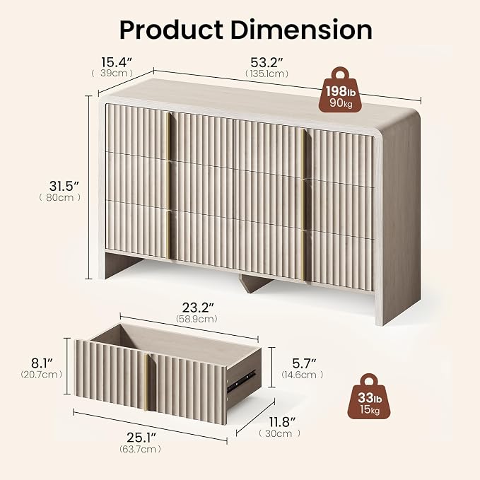 ModernMate Fluted 6 Drawer Dresser for Bedroom, 53.2" Wide Chest of Drawers, Modern Storage Cabinet with Anti-Tip Design, Wood Clothes Organizer with Metal Handles, White Alder