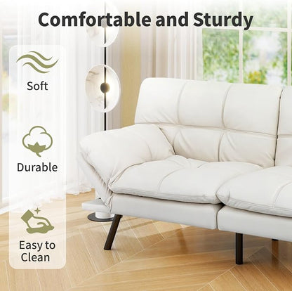 Vipbear 71" Futon Sofa Bed - Convertible Sofa Beds/Adjustable Backrest & Armrest, Comfy Loveseat Sleeper for Small Spaces, Apartments & Offices,Faux Leather White Futons