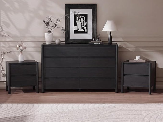 CHUWELL 3-Piece Bedroom Dresser Set-8 Drawer Dresser & 2 Nightstands,55" Wide Black Dresser and Night Stands Set with Solid Wood Cylindrical Legs