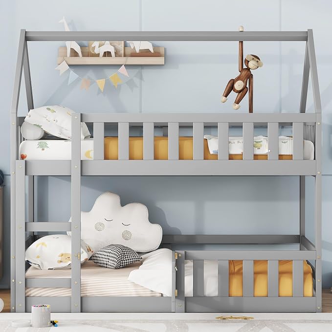 SOFTSEA Twin Over Twin House Bunk Bed, Solid Wood House Bunk Bed Frame with Ladder, Door & Safety Guardrails, Floor Bunk Beds for Kids, Noise Free, Easy Assembly, Grey