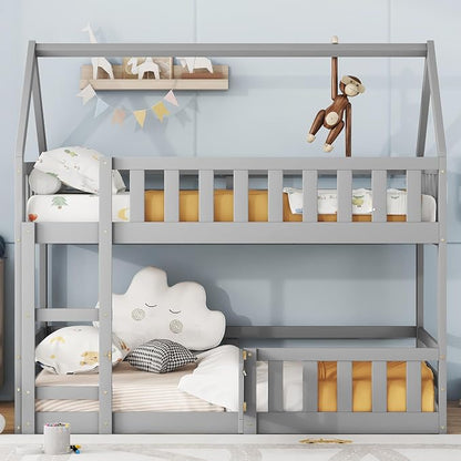 SOFTSEA Twin Over Twin House Bunk Bed, Solid Wood House Bunk Bed Frame with Ladder, Door & Safety Guardrails, Floor Bunk Beds for Kids, Noise Free, Easy Assembly, Grey