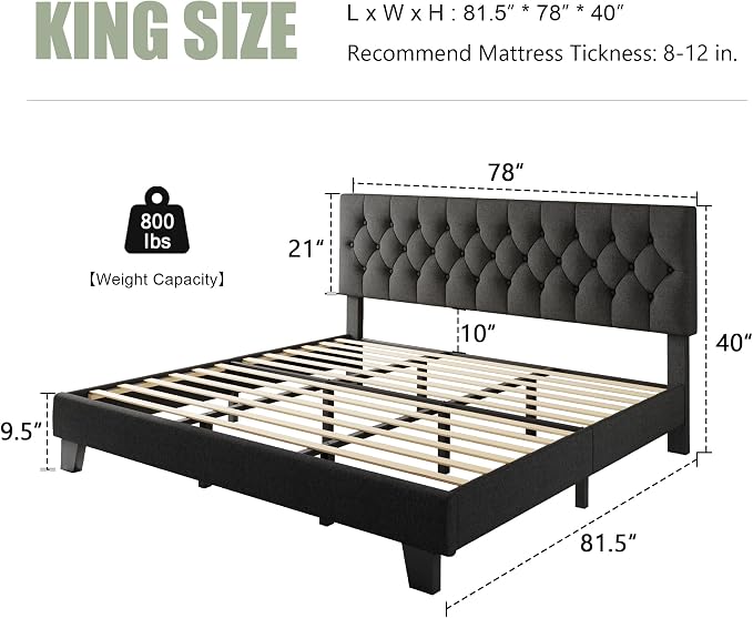 Feonase King Size Bed Frame, Upholstered Bed Platform with Button Tufted Headboard, Heavy Duty Wooden Slats & Thickened Feet, No Box Spring Needed, Noise-Free, Easy Assembly, Dark Grey
