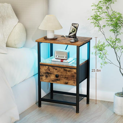 LOAKEKEL Nightstand with Charging Station, End Table with Fabric Drawer, LED Night Stand for Bedroom, Small Bed Side Table with USB Ports and Outlets, Brown, HETS01BR-1