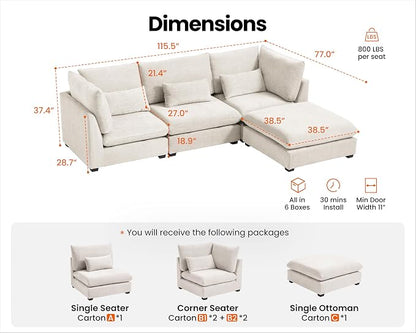 115" Oversized Chenille Couch Modular Sectional Sofa, Washable Cloud Couch Sectional with Ottoman, 4 Seater Sectional Couches for Living Room, Fully Cover Removable, L Shaped, Chenille, White