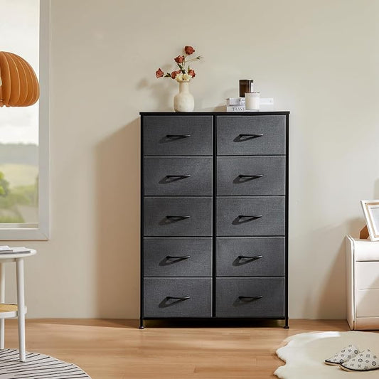 DUMOS 10 Drawer Dresser for Bedroom, Storage Organizer Chest of Drawers | Wide Fabric Closet Organizer Tower Furniture with Wooden Top Metal Frame, Dorm, Grey