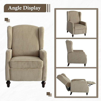 Upholstered Wingback Recliner Chair, Cozy Corduroy Manual Push Back Recliner for Living Room, Bedroom (1, Khaki)