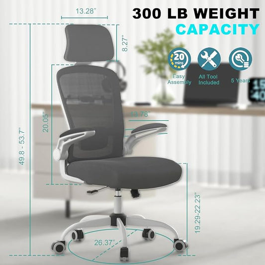 Mimoglad Office Chair, High Back Ergonomic Desk Chair with Adjustable Lumbar Support and Headrest, with flip-up Armrests for Guitar Playing, 5 Years Warranty (Modern, Charcoal (White Frame))