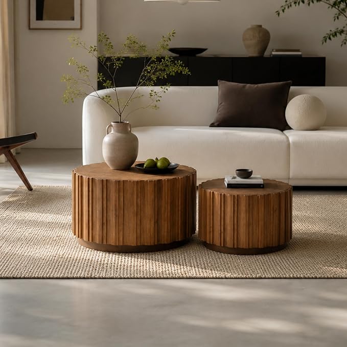 Nesting Round Coffee Table Set of 2, 27.56" Fluted Circle Accent End Table, Morden Drum Side Table, Wooden Center Table for Living Room, Fully Assembled - Walnut Brown