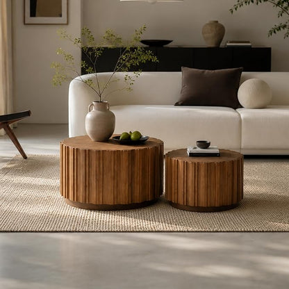 Nesting Round Coffee Table Set of 2, 27.56" Fluted Circle Accent End Table, Morden Drum Side Table, Wooden Center Table for Living Room, Fully Assembled - Walnut Brown