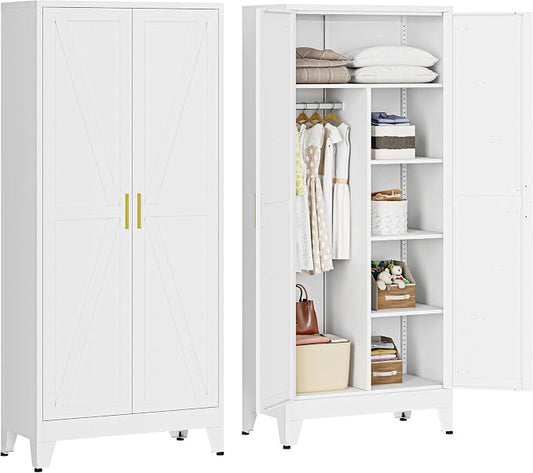 Metal Wardrobe Closet with Doors, 71" H Armoire Wardrobe Closet with 3 Adjustable Shelves and Hanging Rod, Steel Clothing Storage Cabinet for Bedroom, Home, Employee, Gym, Office, White