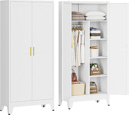 Metal Armoire Wardrobe Closet, 71" Steel Clothing Storage Cabinet with 2 Doors, Hanging Rod & Shelves, Bedroom Armoire Closet, White Wardrobe Cabinets for Bedroom