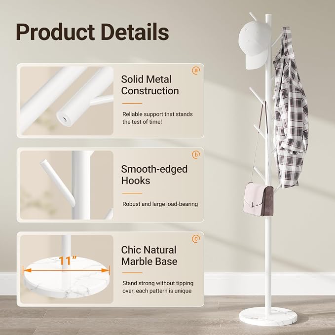 ELYKEN Coat Rack Freestanding with Natural Marble Base, Metal Coat Rack Stand with 10 Hooks, 3 Adjustable Size Coat Tree for Bags, Clothes, and Hats for Entryway, Bedroom, Hallway, Office, White