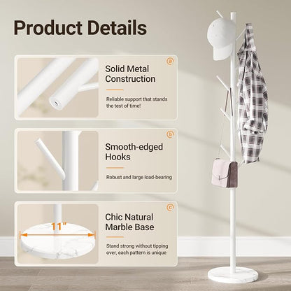 ELYKEN Coat Rack Freestanding with Natural Marble Base, Metal Coat Rack Stand with 10 Hooks, 3 Adjustable Size Coat Tree for Bags, Clothes, and Hats for Entryway, Bedroom, Hallway, Office, White