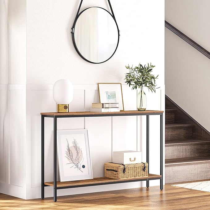 HOOBRO Console Table, 47.2" Narrow Entryway Table, Sofa Table with Shelf, Entrance Table for Living Room, Hallway, Foyer, Corridor, Office, Metal Frame, Rustic Brown and Black BF20XG01G1