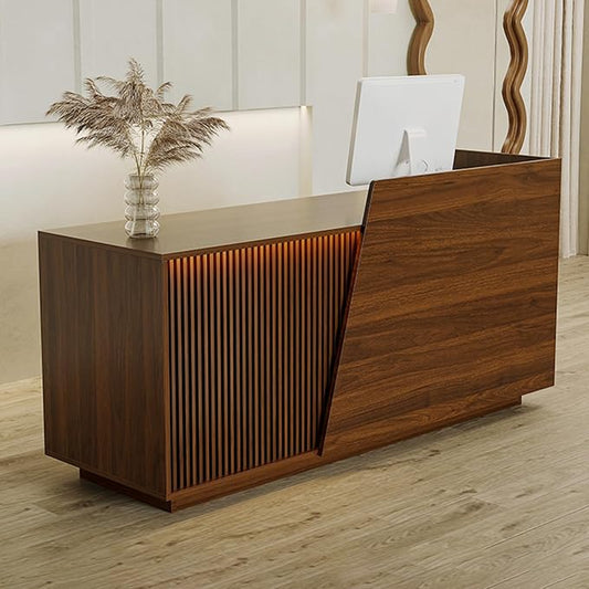 Reception Desk with Counter, Modern Reception Desk with Drawers & 2 Storage Cabinets & 3 Storage Compartments, Front Desks Reception Counter for Salon/Office/Store (Walnut-Left, 63inch/160cm)