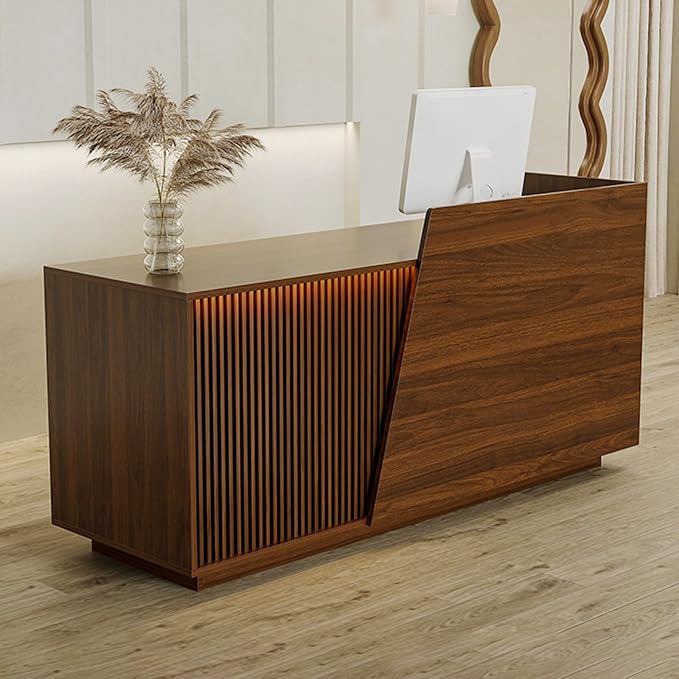 Reception Desk with Counter, Modern Reception Desk with Drawers & 2 Storage Cabinets & 3 Storage Compartments, Front Desks Reception Counter for Salon/Office/Store (Walnut-Left, 71inch/180cm)
