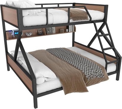 KEIKI Queen Over King Bunk Bed, Heavy Duty Metal Bunkbed with Storage Shelves, Lights, Bottom Space & Guardrail for Aldults Dorm Bedroom Guest Room, No Box Spring Needed, Noise-Free Design