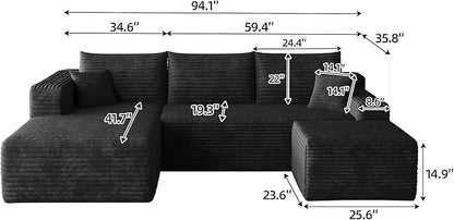JINGLING 25.6 Inch Plush Corduroy Ottoman, Modular Sectional Foot Rest for Living Room, Upholstered Cloud Ottoman for Boneless Couch in a Box, Compressed Memory Foam, No Assembly Require, Black