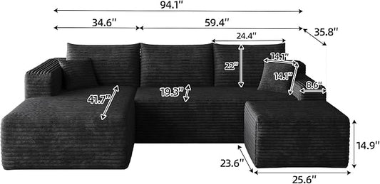 95'' Cloud Sectional Sofa Boneless Couch for Living Room, Minimalist Left Facing Compressed Couch with Chaise Lounge and Ottoman, Plush Corduroy Deep Seat Memory Foam Sofa