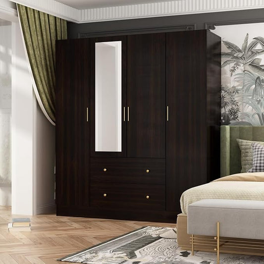 4 Door Wardrobe Armoire Closet with Mirror Door, 63" W Wooden Cabinet with 2 Drawers & Hanging Rod, Bedroom Armoire Dresser Wardrobe Clothes Organizer, Espresso