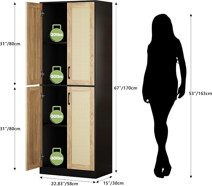 JASIWAY Rattan Pantry Cabinet, 67" Tall Kitchen Storage Cabinet with Doors | Adjustable Shelves, Wicker Linen Closet Cupboard for Laundry, Bathroom, Black