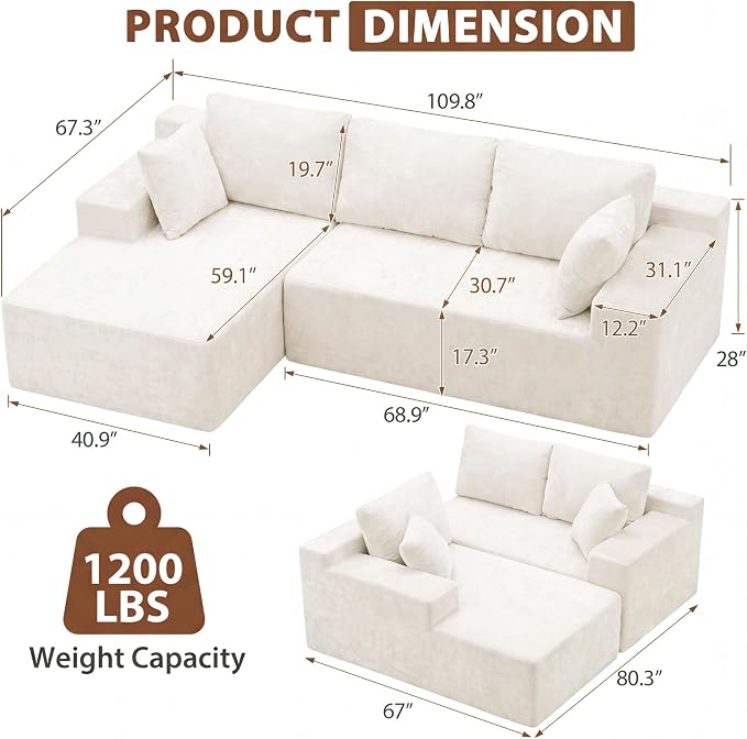Homall 110" Boneless Sectional Couch, Modular Sectional Sofa L-Shape Couch with Deep Seat, Cloud Comfy Boneless Couch for Living Room, No Assembly Required (Chenille, Beige)
