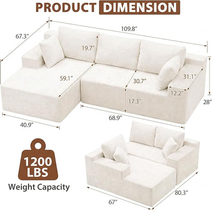 Homall 110" Boneless Sectional Couch, Modular Sectional Sofa L-Shape Couch with Deep Seat, Cloud Comfy Boneless Couch for Living Room, No Assembly Required (Chenille, Beige)